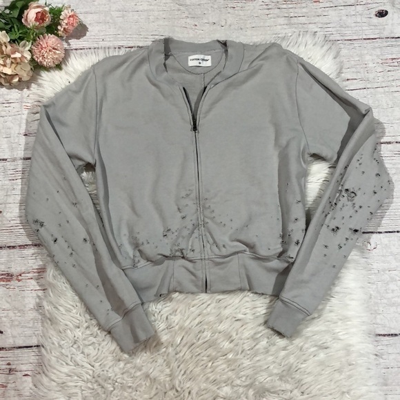 Cotton Citizen Milan Crop Distressed Zip Front Gray Jacket - Picture 1 of 13